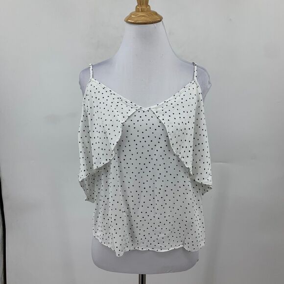 MNG Suit Mango Polka Dot Blouse Womens S Small White Cold Shoulder Drape Shirt - Picture 2 of 11